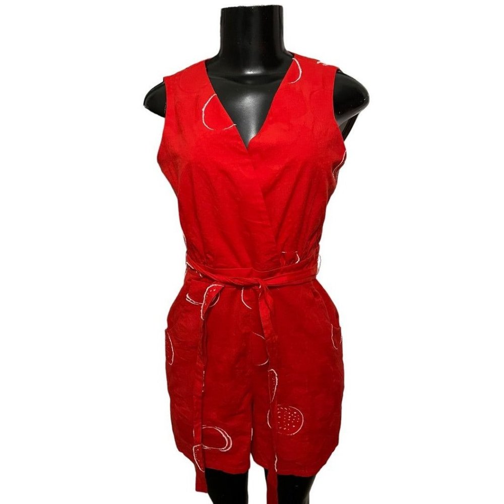 XS Eva Franco Anthropologie Women's Circle Print Romper Red Front Tie